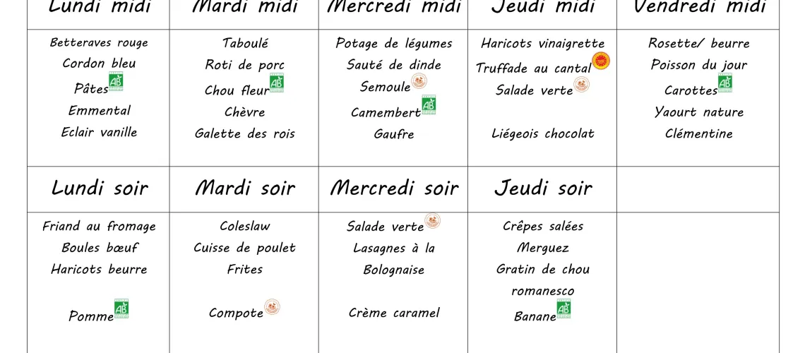 Menu du 5 au 9 janvier 2026