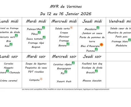Menu du 12 au 16 janvier 2026