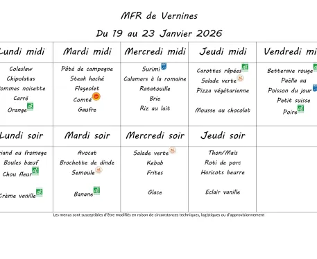 Menu du 19 au 23 janvier 2026