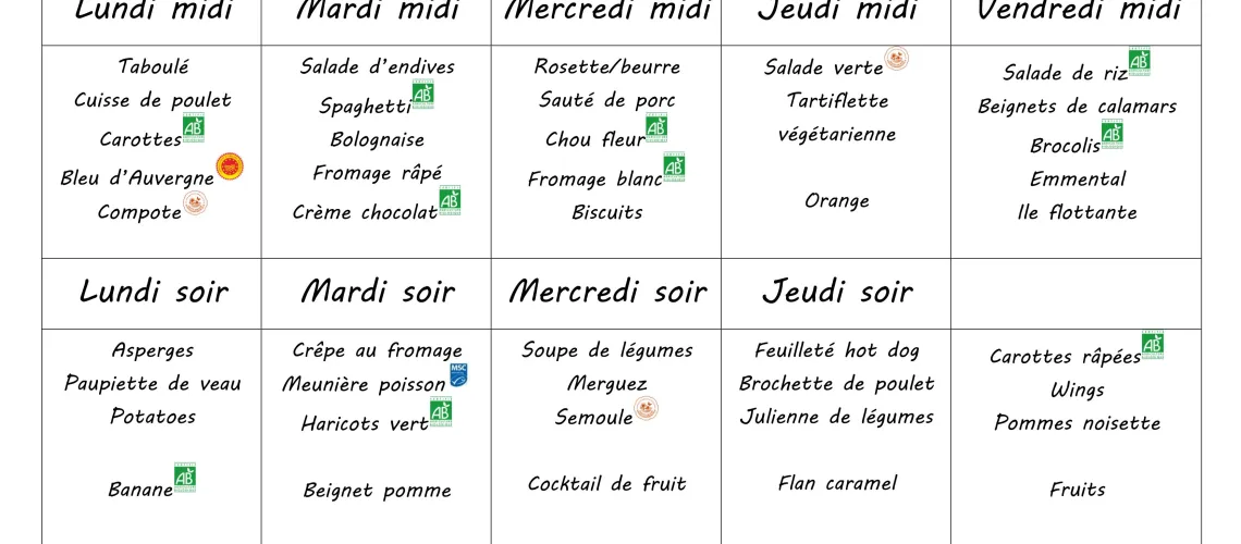 Menu du 26 au 30 janvier 2026