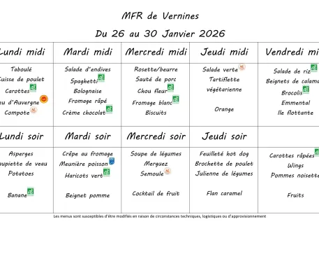 Menu du 26 au 30 janvier 2026