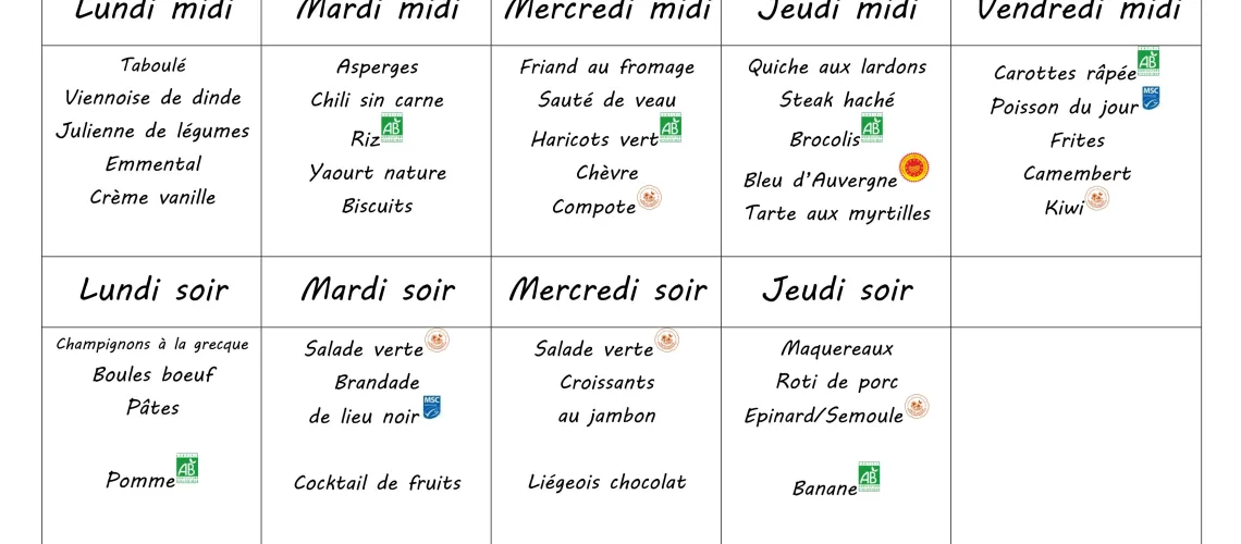 Menu du 23 au 27 février 2026