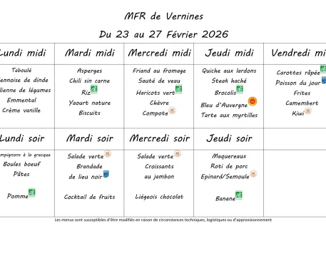 Menu du 23 au 27 février 2026
