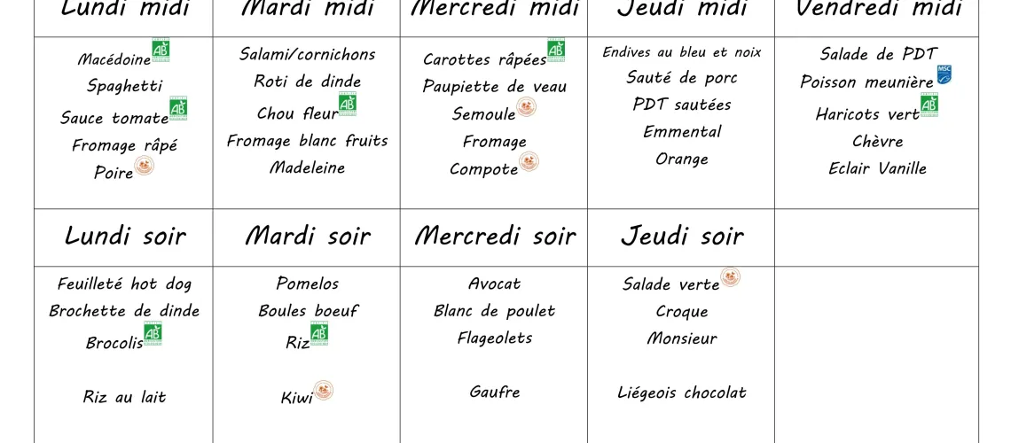 Menu du 2 au 6 mars 2026