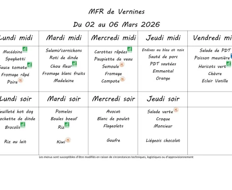 Menu du 2 au 6 mars 2026