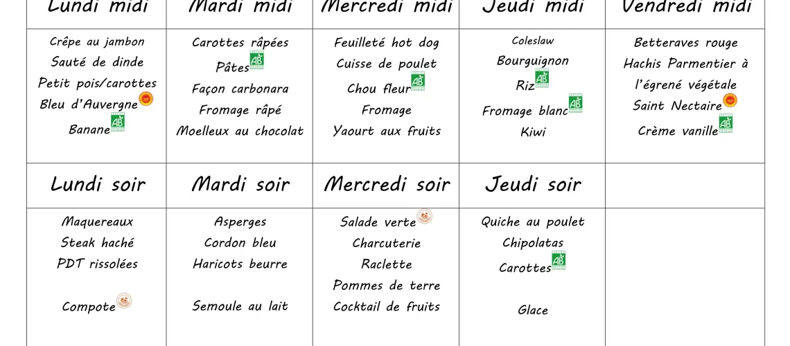 Menu  du 9 au 13 mars 2026