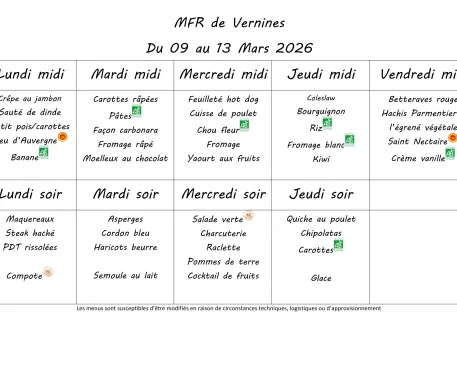 Menu  du 9 au 13 mars 2026