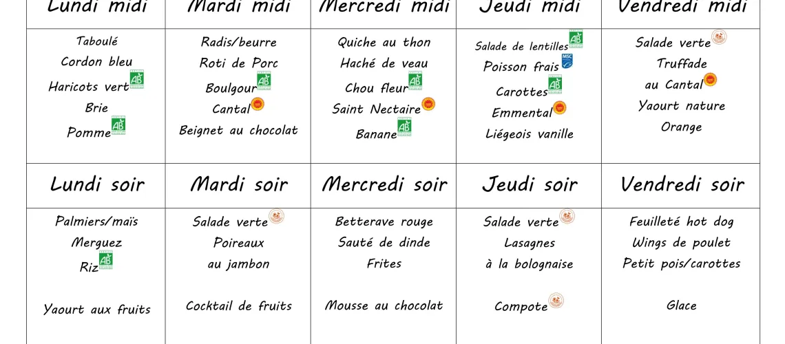 Menu du 16 au 20 mars 2026