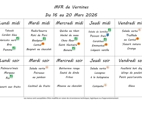 Menu du 16 au 20 mars 2026