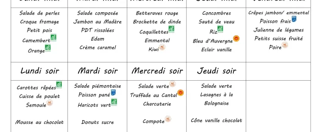 Menu du lundi 30 mars au vendredi 3 avril 2026