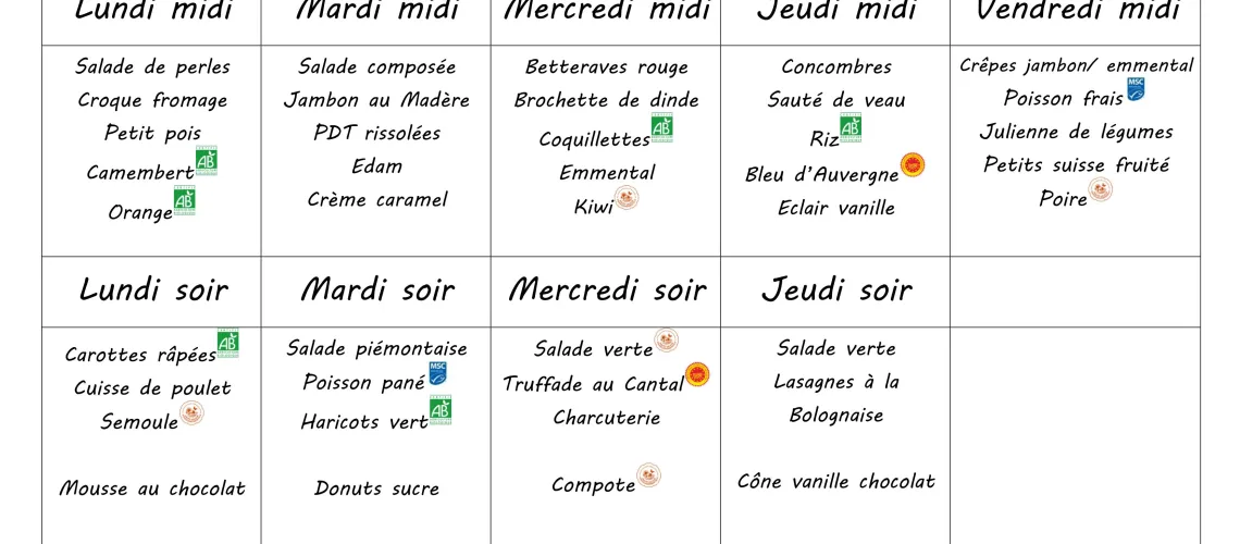 Menu du lundi 30 mars au vendredi 3 avril 2026