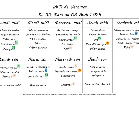 Menu du lundi 30 mars au vendredi 3 avril 2026