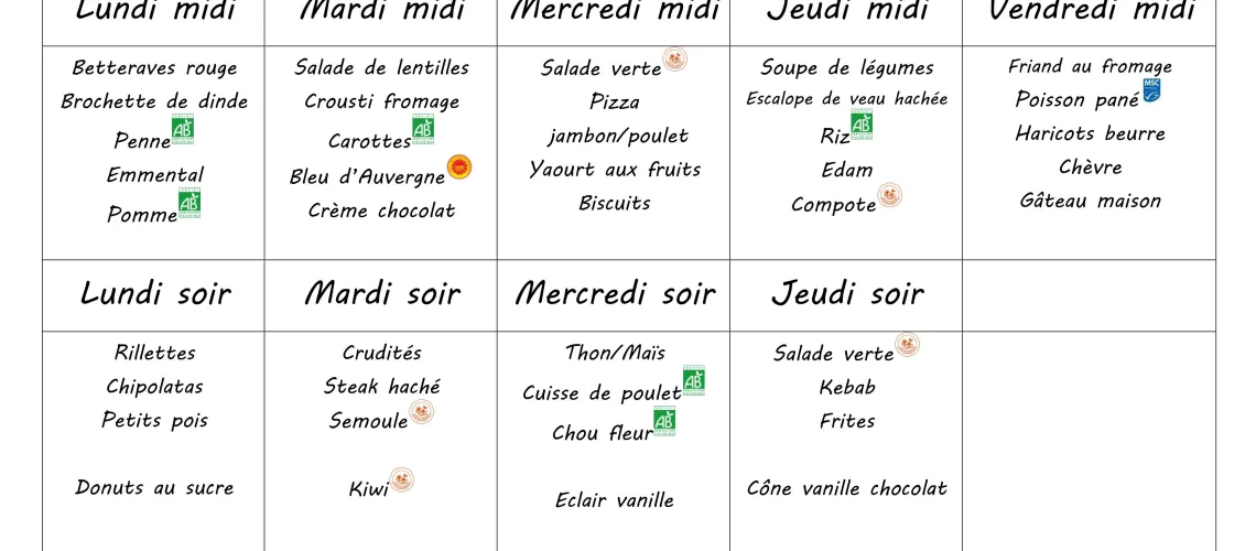 Menu du 20 au 24 avril 2026