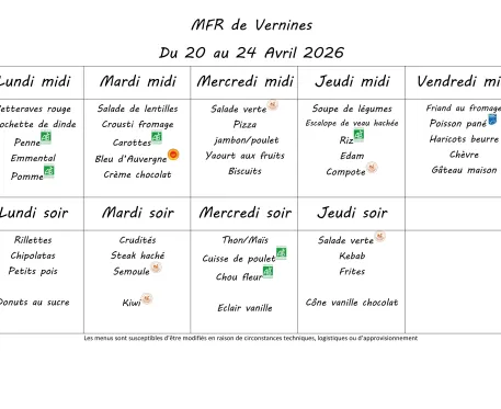 Menu du 20 au 24 avril 2026