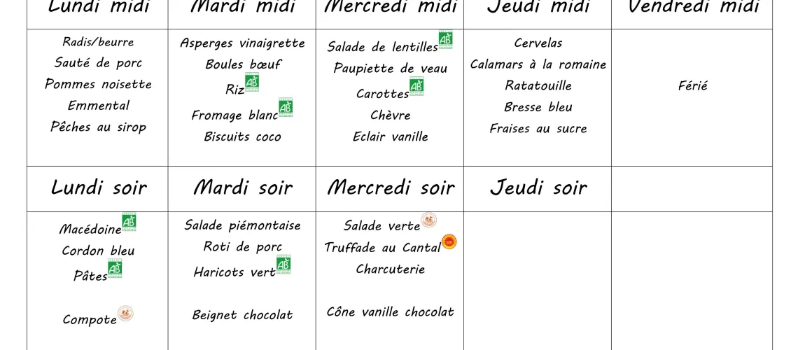 Menu du 4 au 7 mai 2026
