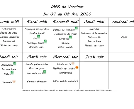 Menu du 4 au 7 mai 2026