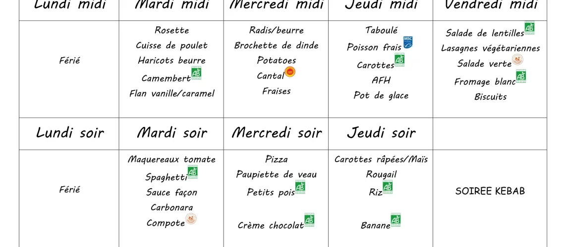 Menu du 26 au 29 mai 2026