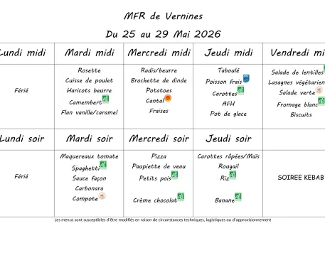Menu du 26 au 29 mai 2026