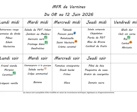 Menu du 8 au 12 juin 2026