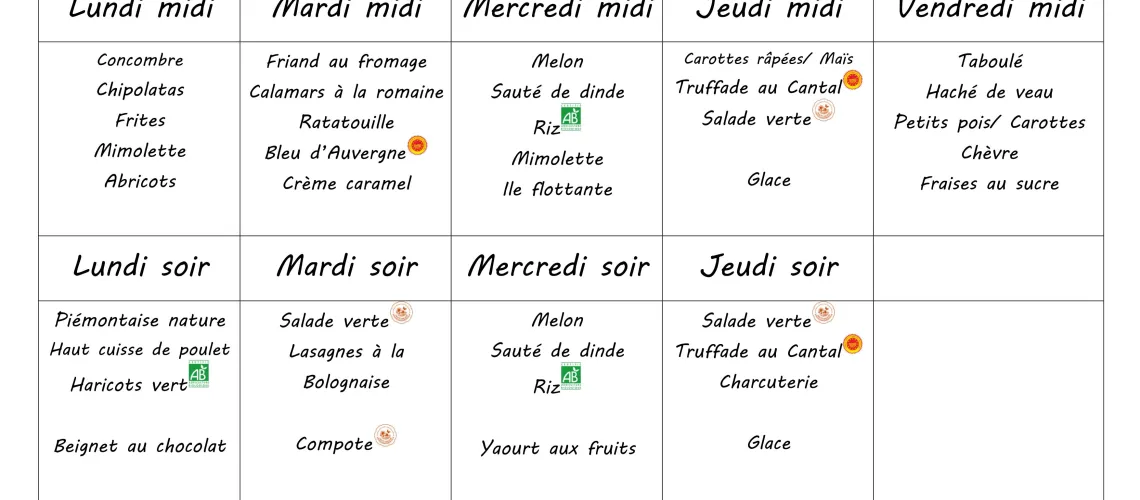 Menu du 1 au 5 juin 2026
