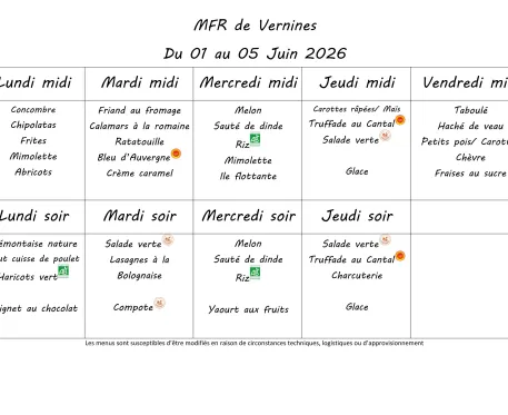 Menu du 1 au 5 juin 2026