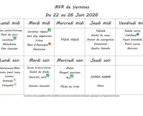 Menu du 22 au 26 juin 2026