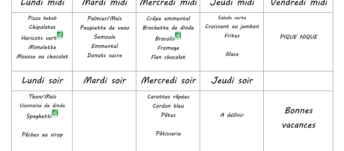Menu du 29 juin au 3 juillet 2026