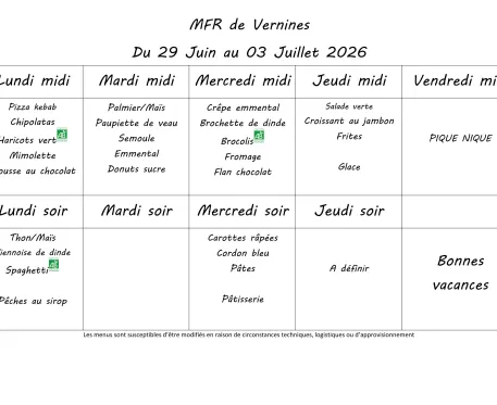 Menu du 29 juin au 3 juillet 2026